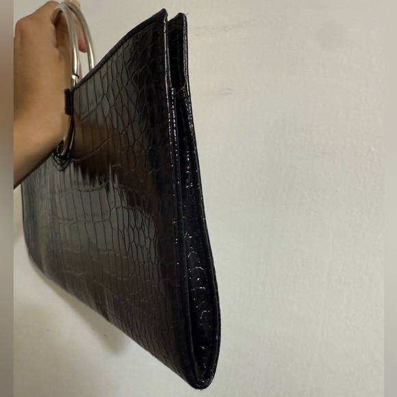 Giannini Black Crocodile-Embossed Clutch‎ with Silver Ring Handle - Picture 3 of 5